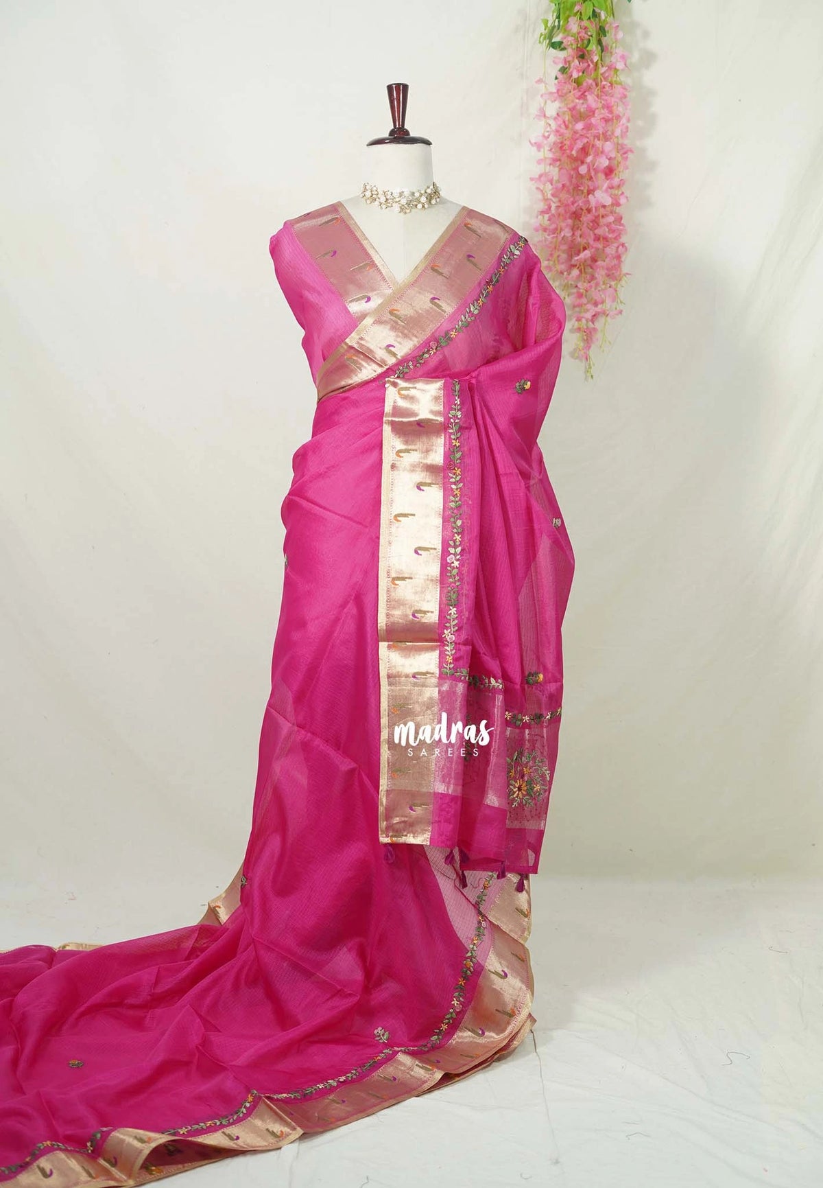 Queen's Pink - Shalini - Premium Super Net Saree with Paithani Border Weaving Handstitched Embroidery - Best for Function Wear
