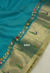Teal Blue - Shalini - Premium Super Net Saree with Paithani Border Weaving Handstitched Embroidery - Best for Function Wear