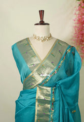 Teal Blue - Shalini - Premium Super Net Saree with Paithani Border Weaving Handstitched Embroidery - Best for Function Wear