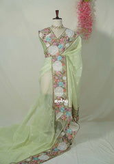 Creamy Pista Green - Shalini - Premium Super Net Saree with Embroidery and Organza Embroidery Border - Best for Office Wear / Hightea party