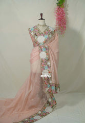 Creamy Blush Peach - Shalini - Premium Super Net Saree with Embroidery and Organza Embroidery Border - Best for Office Wear / Hightea party