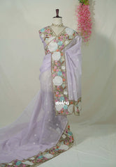 Creamy Lilac - Shalini - Premium Super Net Saree with Embroidery and Organza Embroidery Border - Best for Office Wear / Hightea party