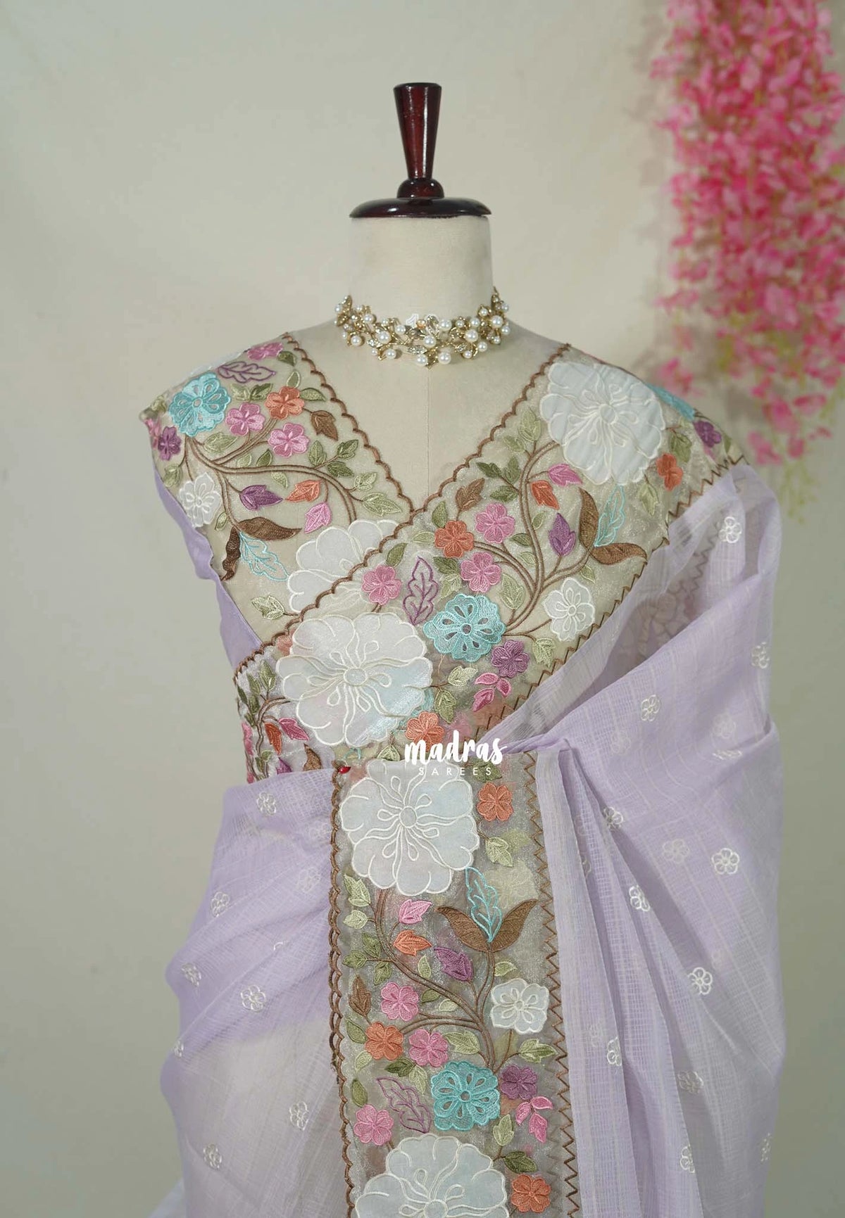 Creamy Lilac - Shalini - Premium Super Net Saree with Embroidery and Organza Embroidery Border - Best for Office Wear / Hightea party
