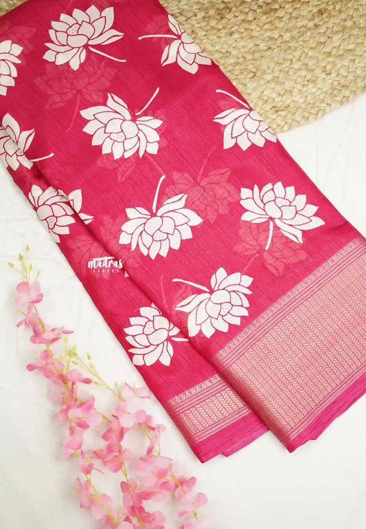 Vasundra printed silk Lotus print - Rani pink