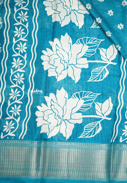 Vasundra printed silk Lotus print - Ananda Blue