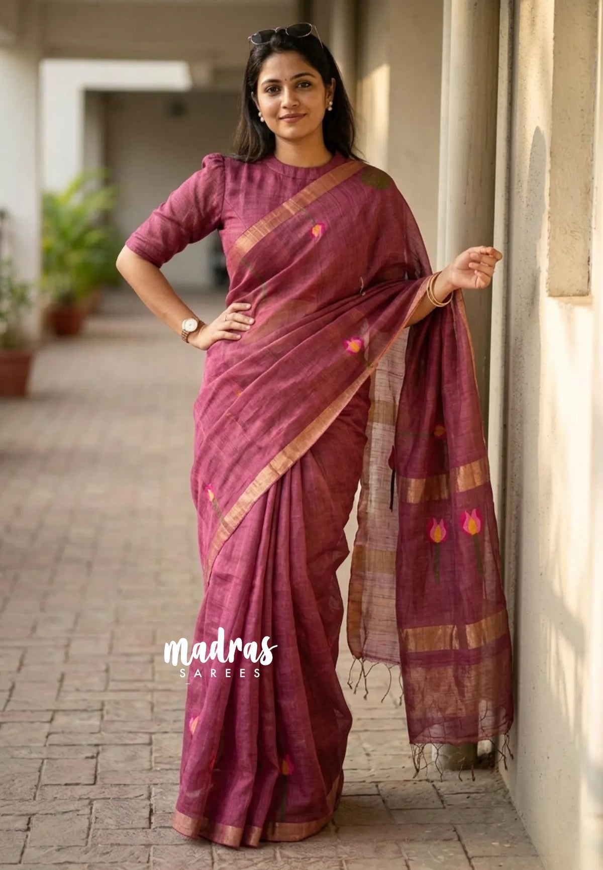 Rosewood Pink - Handloom Tissue Silk Linen Jamdani Saree - With Handloom Mark