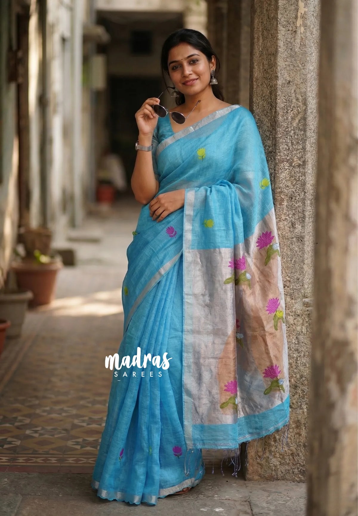 Sky Spark Blue - Handloom Tissue Silk Linen Jamdani Saree - With Handloom Mark