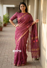 Rosewood Pink - Handloom Tissue Silk Linen Jamdani Saree - With Handloom Mark