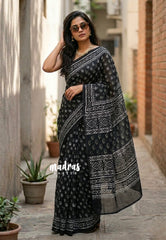 Midnight Black - Pure Mul Cotton Saree with Jaipur Prints - Perfect for Office Wear | Casual Wear