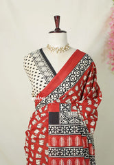 (PRE-BOOKING) Brick Red - Pure Cotton Saree with with Jaipur baby elephant Prints - Perfect for Office Wear | Casual Wear
