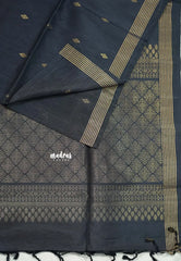 Charcoal Black - Kumudavalli - Pure Jute Silk Saree Lines Weaving Border with Buttas - Perfect for Wedding Functions
