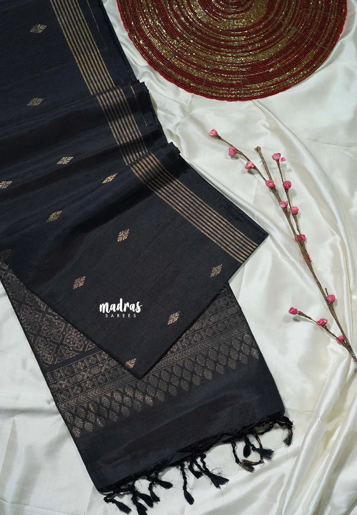 Charcoal Black - Kumudavalli - Pure Jute Silk Saree Lines Weaving Border with Buttas - Perfect for Wedding Functions