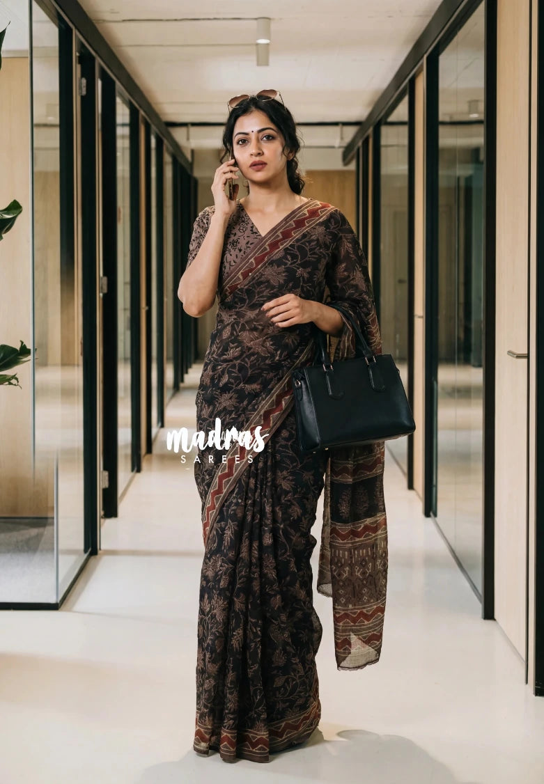 Jet Black - Pure Kota Doriya with Bagru Printed Saree - Perfect for Office Wear | Casual Wear | Summer Wear