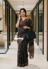 Jet Black - Pure Kota Doriya with Bagru Printed Saree - Perfect for Office Wear | Casual Wear | Summer Wear