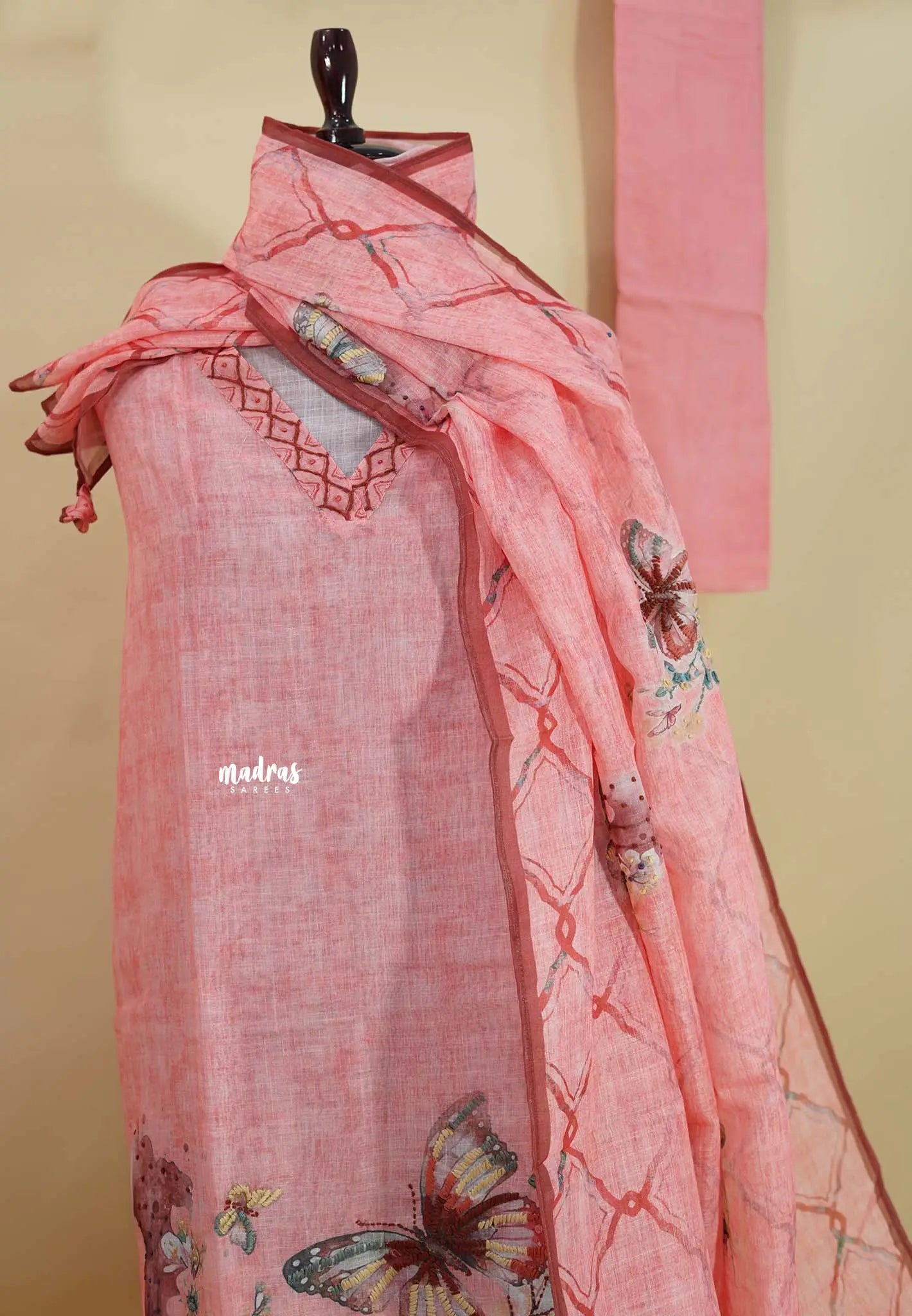 Amitha – Peach Pink Pure Linen Salwar Suit with Butterfly Motif & Hand-Stitched Embroidery