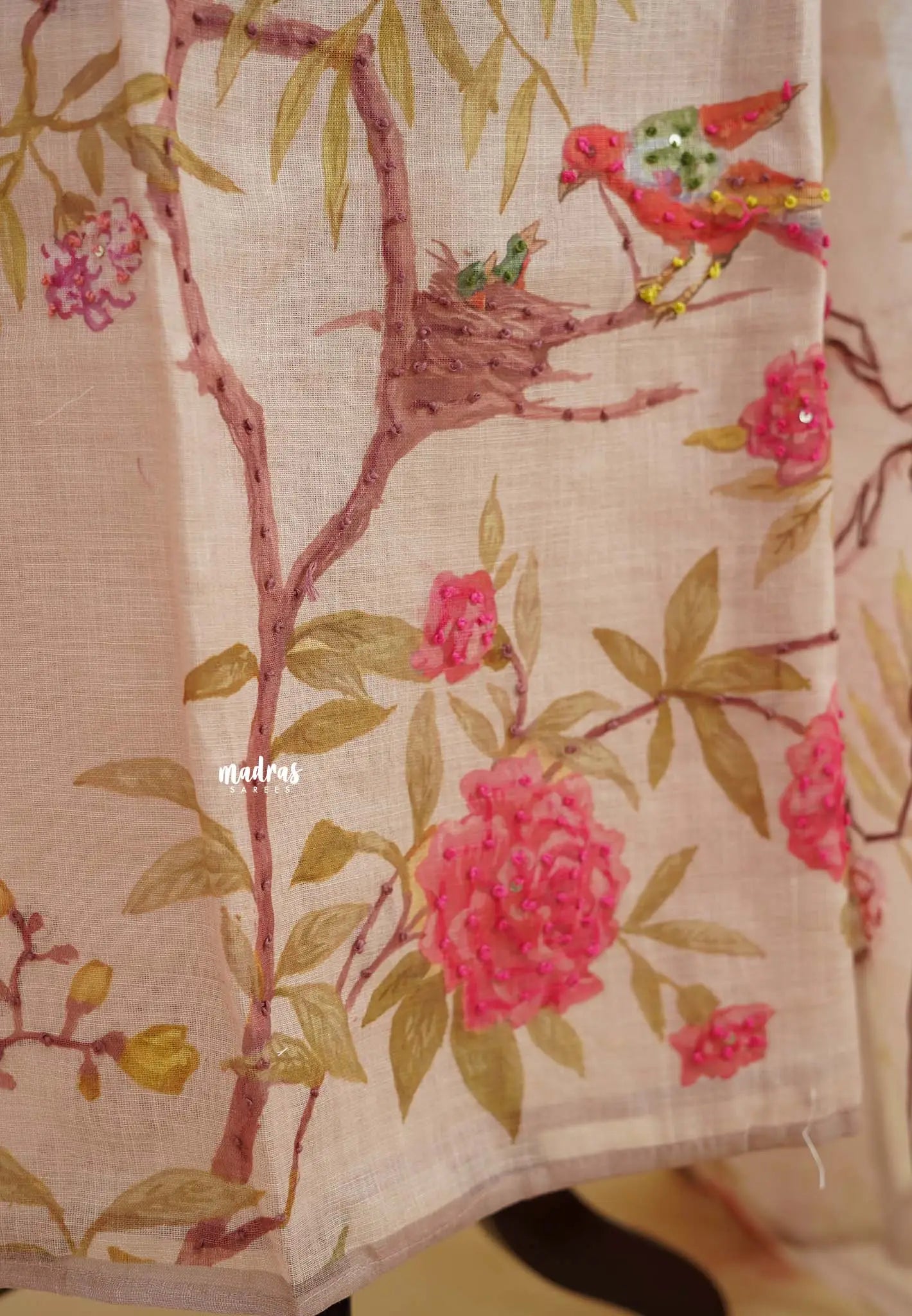 Amitha – Earthen Pink Pure Linen Salwar Suit with Bird & Floral Digital Prints + Hand-Stitched Embroidery