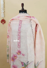 Amitha – Powder Pink Peach Pure Linen Salwar Suit with Humming Bird Prints + Hand-Stitched Embroidery