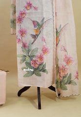 Amitha – Powder Pink Peach Pure Linen Salwar Suit with Humming Bird Prints + Hand-Stitched Embroidery