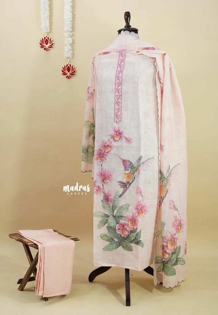 Amitha – Powder Pink Peach Pure Linen Salwar Suit with Humming Bird Prints + Hand-Stitched Embroidery