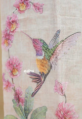 Amitha – Powder Pink Peach Pure Linen Salwar Suit with Humming Bird Prints + Hand-Stitched Embroidery