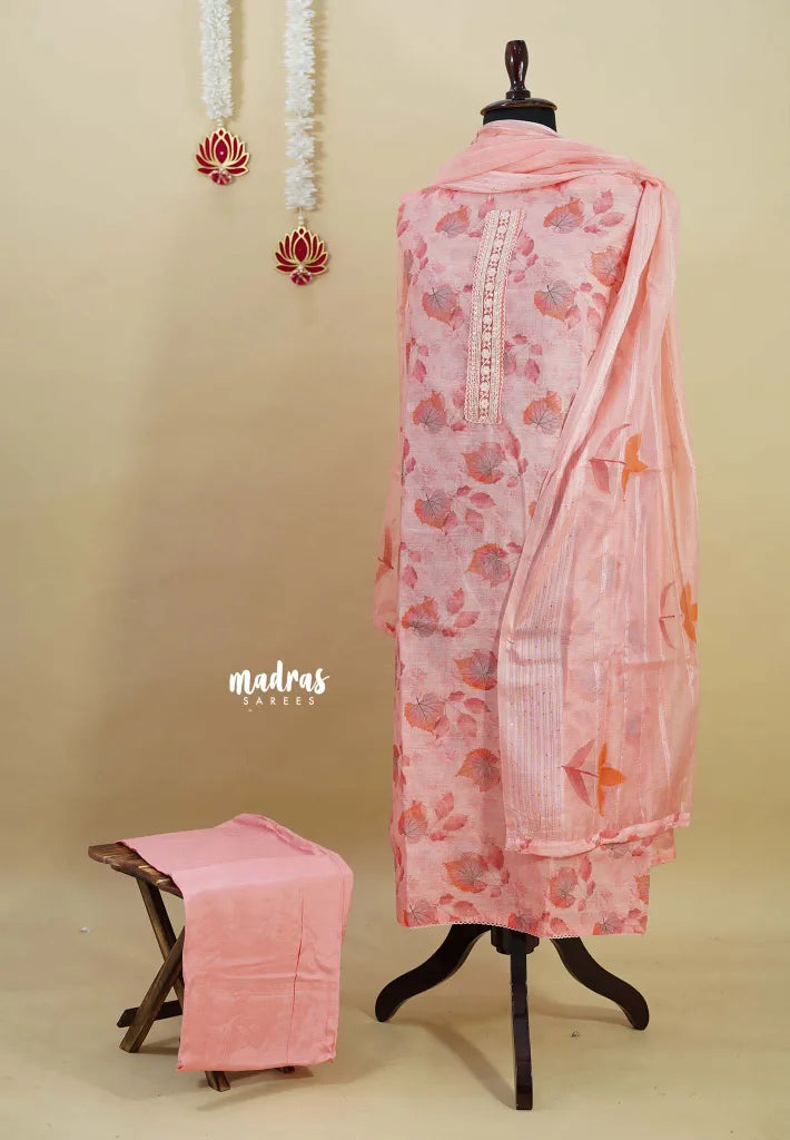 Amitha – Peach Pink Pure Linen Salwar Suit with Leaf Prints and Hand Stiched Embroidery