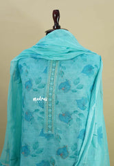 Amitha – Aqua Blue Pure Linen Salwar Suit with Leaf Prints and Hand Stiched Embroidery