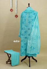 Amitha – Aqua Blue Pure Linen Salwar Suit with Leaf Prints and Hand Stiched Embroidery
