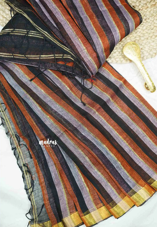 Organic linen black and lavender stripes Black pallu - Vanibhojan saree