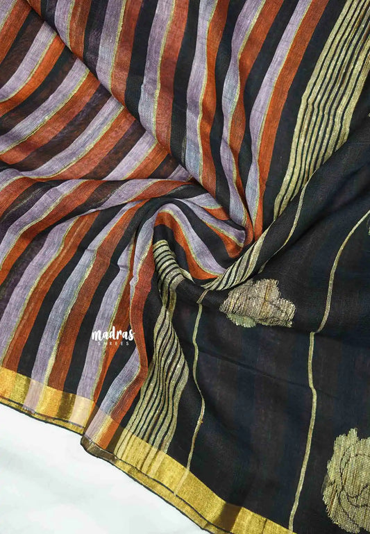 Organic linen black and lavender stripes Black pallu - Vanibhojan saree