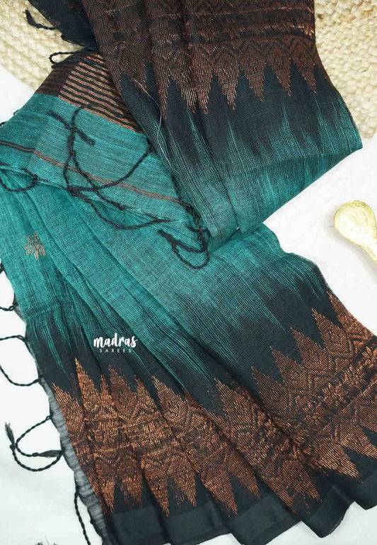 Thoolika - Organic linen hand woven Jamdani ikkat weaving - Turquoise blue