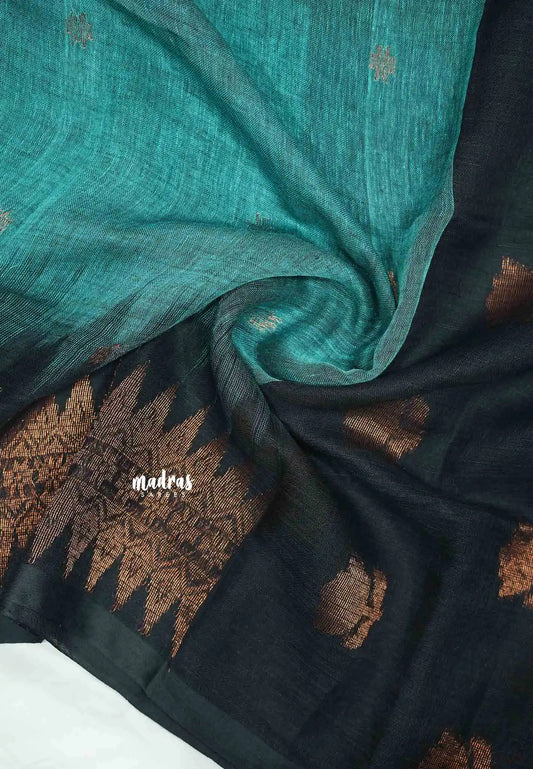 Thoolika - Organic linen hand woven Jamdani ikkat weaving - Turquoise blue