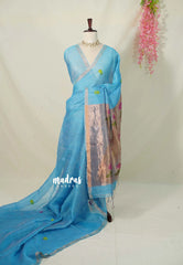 Sky Spark Blue - Handloom Tissue Silk Linen Jamdani Saree - With Handloom Mark