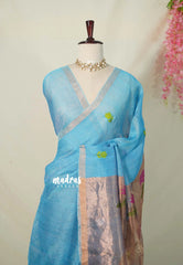 Sky Spark Blue - Handloom Tissue Silk Linen Jamdani Saree - With Handloom Mark