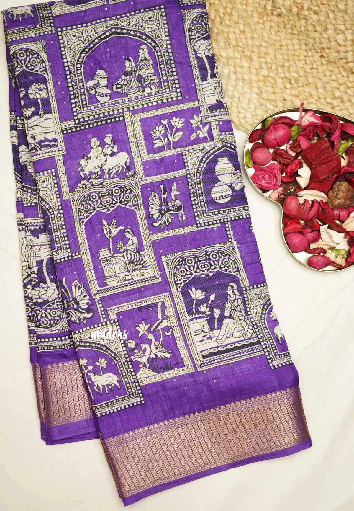 Rich printed silk with mural paintings prits and sequence work - Purple