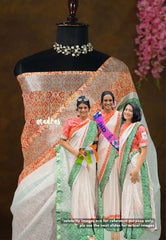Ivory Creamy - January 26 Special TRI COLOR NATIONAL FLAG Linen Cotton saree with Border - Best for Office Wear