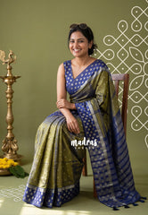 Dual Shade Olive and Blue - Raaga - Semi tussar with Zari Border and 1000 Buttas - Best for Wedding Functions