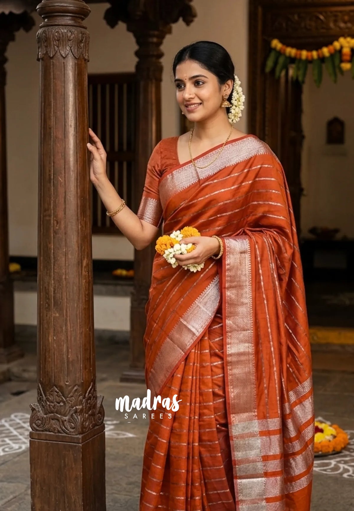 Rust Orangish Brown - Raaga - Semi Tussar Antique Silver Weaving Body with Zari Border - Best for Small Functions