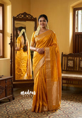 Mustard Yellow - Raaga Premium Semi Tussar with Tiny Square Weaving Buttas Traditional Border - Perfect for small functions | Temple visit