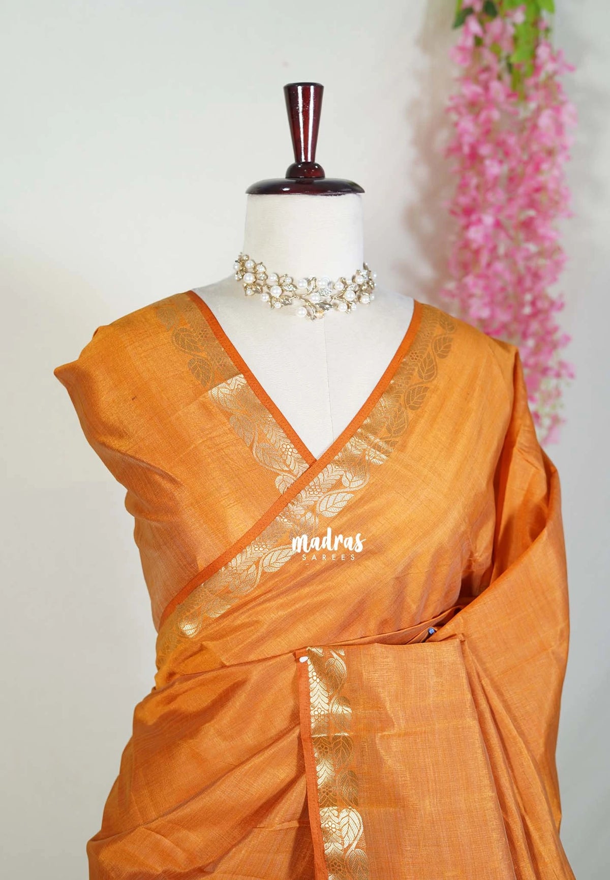 Brownish Orange - Raaga - Lightweight Semi tussar saree wtih leaf border