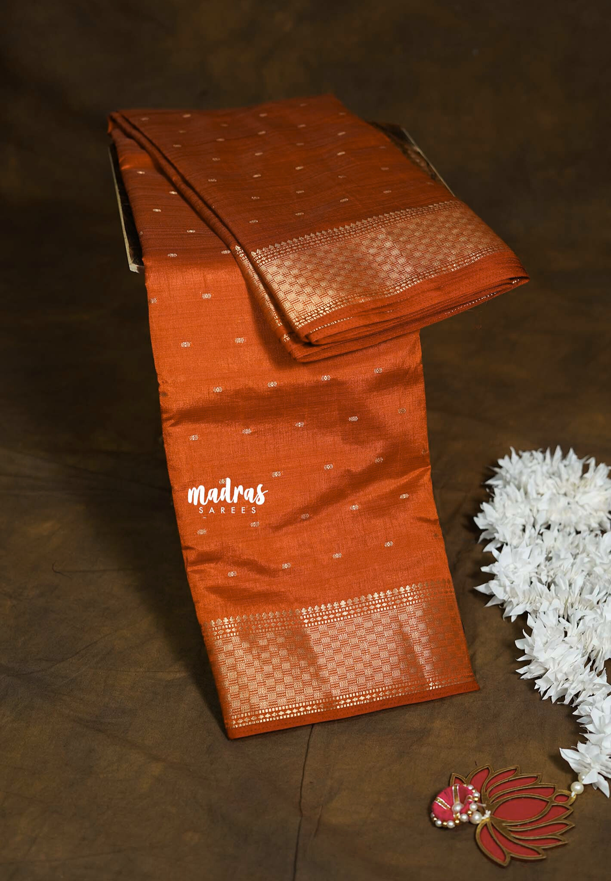 Rich Burnt Orange - Raaga premium semi tussar zari border with buttas - Perfect for Festive Wear