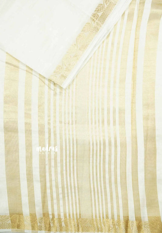 Cream white - Lightweight Semi tussar saree wtih leaf border - Raaga