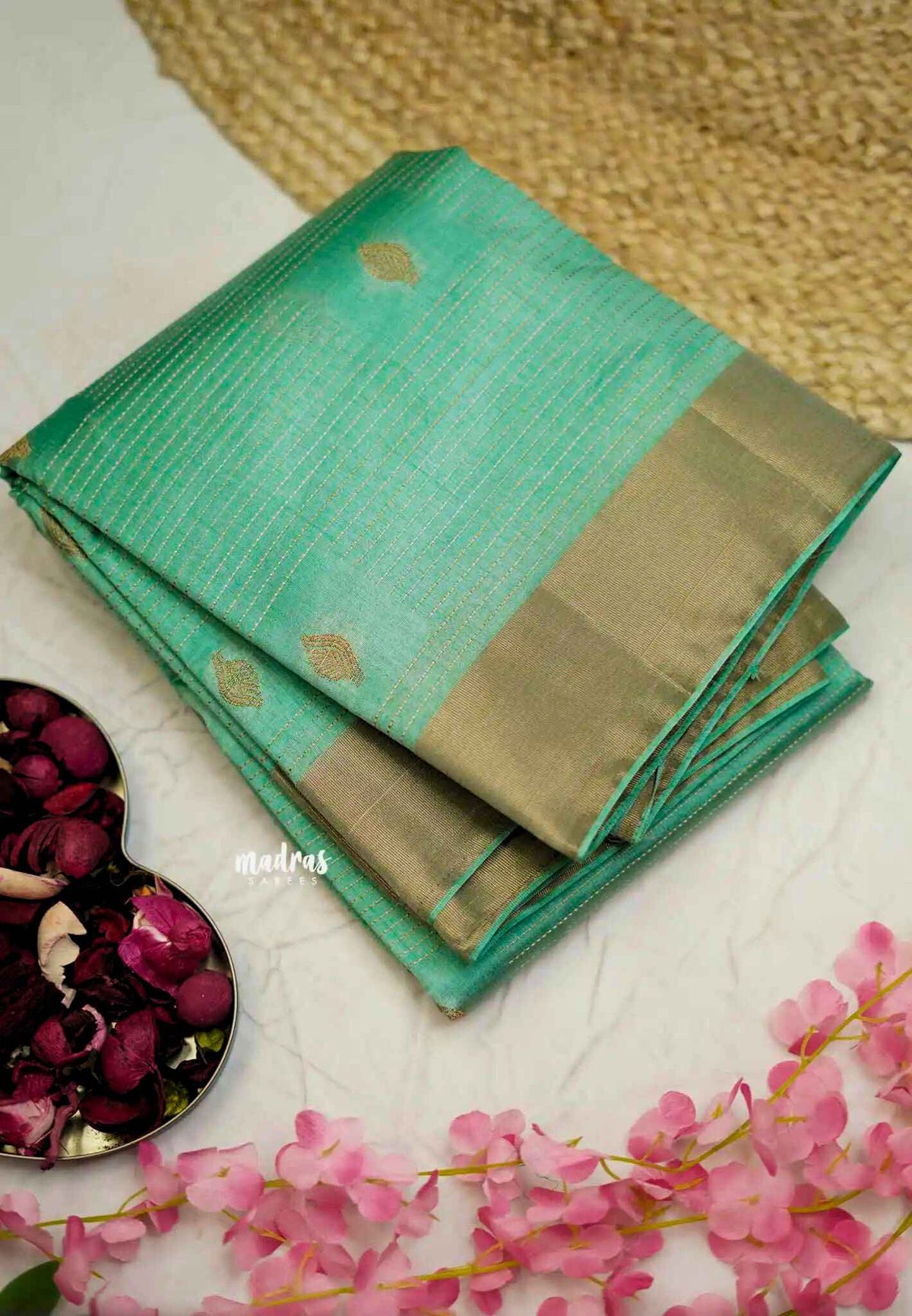 Raaga - Lightweight Semi tussar leaf motif with kantha stich weaving  - Teal blue