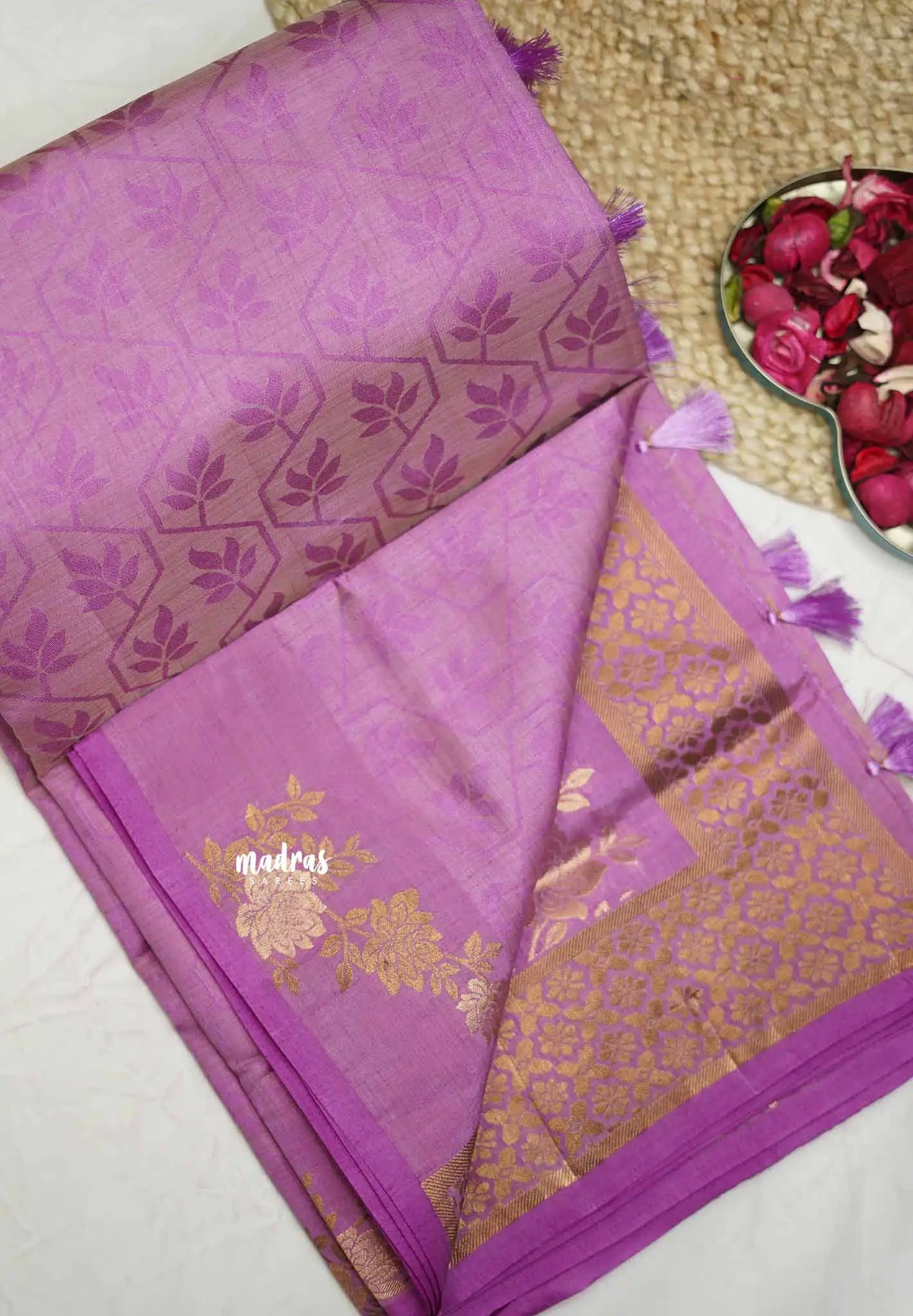 Raaga - Lightweight Semi tussar with Full weaving Rose border - Lavender