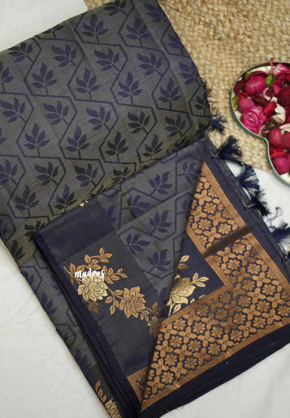 Raaga - Lightweight Semi tussar with Full weaving Rose border - Greyish blue