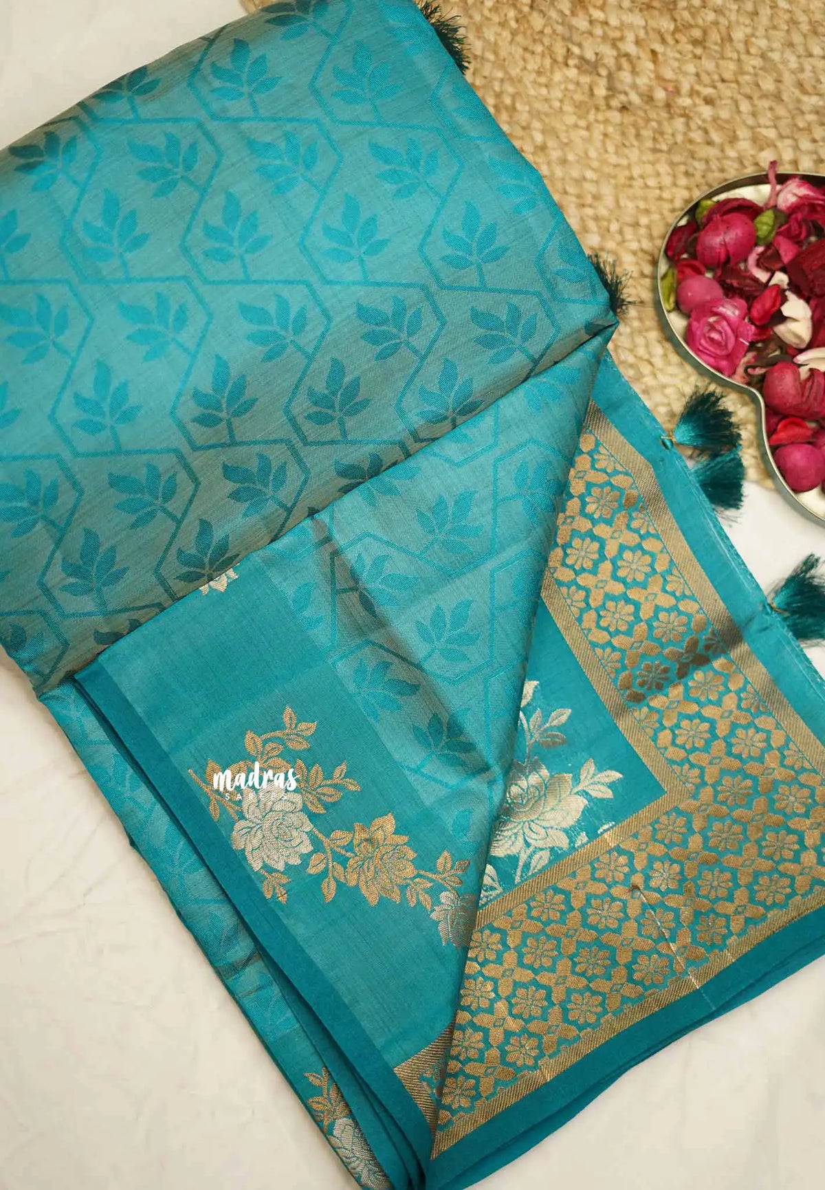 Raaga - Lightweight Semi tussar with Full weaving Rose border - Aqua blue