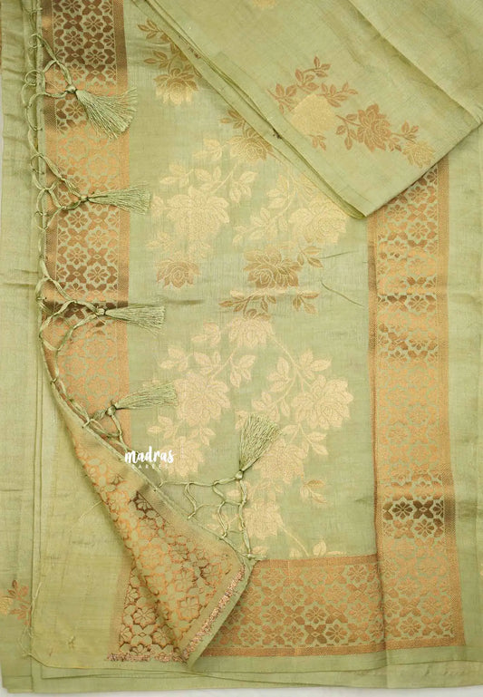 Raaga - Lightweight Semi tussar with Full weaving Rose border - Pastel Green