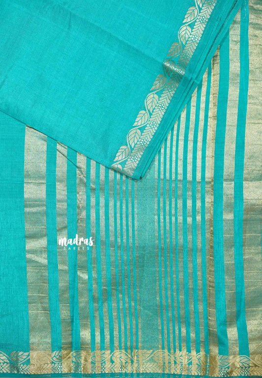 Turquoise blue - Lightweight Semi tussar saree wtih leaf border - Raaga