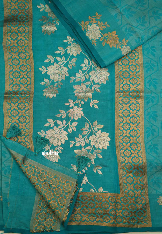 Raaga - Lightweight Semi tussar with Full weaving Rose border - Aqua blue