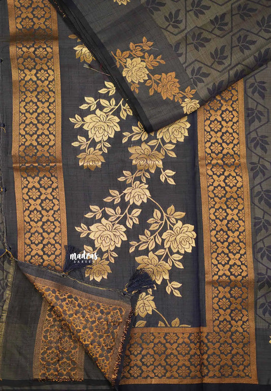 Raaga - Lightweight Semi tussar with Full weaving Rose border - Greyish blue