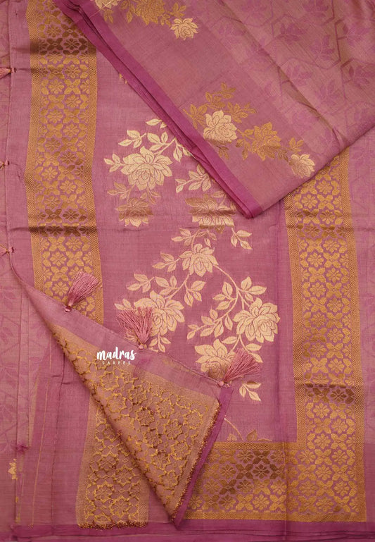 Raaga - Lightweight Semi tussar with Full weaving Rose border - Pastel onion pink